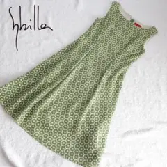 美品 シビラ 幾何学模様 ワンピース ノースリーブ 刺繍 総柄 グリーン M
