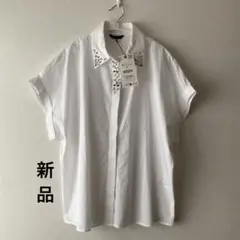 新品【25SS】ZARA ホワイト 半袖シャツ M ビジュー装飾　M