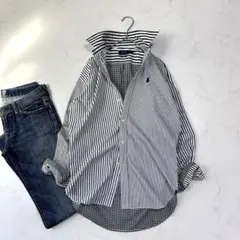 美品 ポロラルフローレン 黒白ボーイフレンドフィット クレイジーパターンシャツ