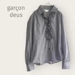 garçon deux 【LL】長袖シャツ　ギンガムチェック　モノトーン　フリル