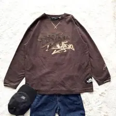 Y4【リアクション】トレーナー　ビックロゴ　ワッペン　茶色　L　ヴィンテージ