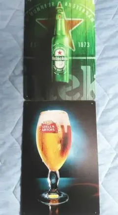 Stella Artois & Heinekenビンテージブリキ風看板2枚未使用