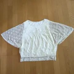 ホワイト レース装飾 五分袖トップス