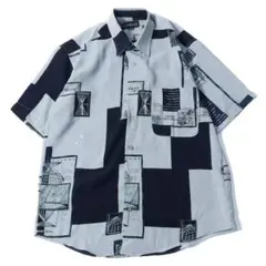 MS1096 レトロ古着 デザイン半袖ポリシャツ グレー Mサイズ