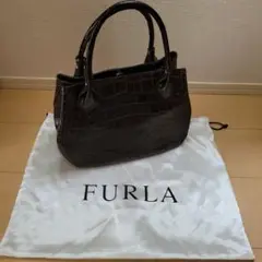 【美品】フルラ ハンドバッグ クロコ型押し ブラウン