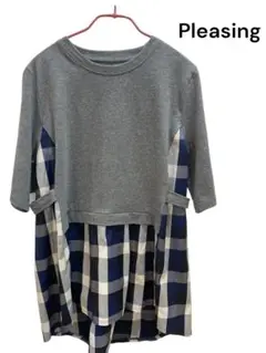 Pleasing 半袖Tシャツ グレー チェック柄　オシャレ