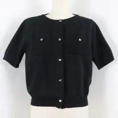 BLUE EAST ブルーイースト ハートボタンポリニットカーディガン 半袖 黒