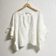 美品　Sure feel 麻混　フリル　ドルマンスリーブ　ブラウス　F