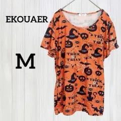 1点もの❤️EKOUAER ハロウィン Tシャツ【M】半袖 オレンジ 総柄 派手