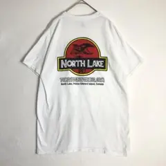 3583 ジュラシックパーク　パロディ　魚　ビッグプリント　Tシャツ　白