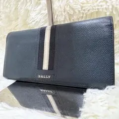 BALLY 長財布 ネイビー レザー トレスポ ロゴ金具 シボ革 ストライプ