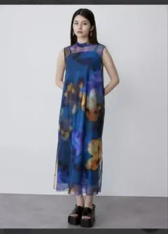 MURUA ムルーア シェイドフラワーレイヤードワンピース ブルー