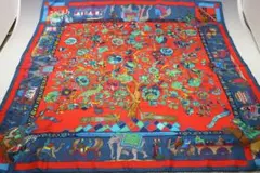 状態良【エルメス本物】スカーフ/カレ90/SILK100%/ブルー×レッド系