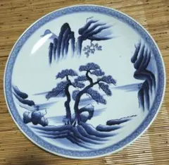 青白い風景画の丸型皿 約36cm