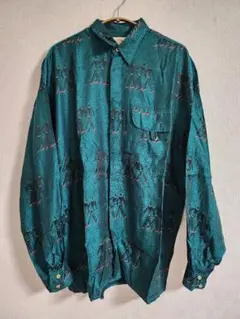 ダンス柄 長袖シャツ　グリーン　80s
