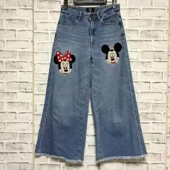 【美品】GU×Disney ミッキー&ミニー コラボ ワイドデニム ワッペン