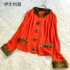 美品✨伊太利屋 いたりや カーディガン 襟袖レオパード ポンポン アンゴラ混