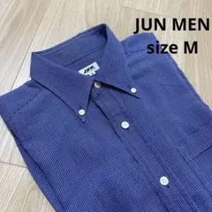 JUNMEN チェック柄 ボタンダウン 半袖シャツ M〜L相当 青 綿100%