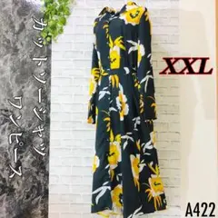 花柄 シャツワンピース XXL 【美品】黒字に黄色の花模様　ウェストベルト