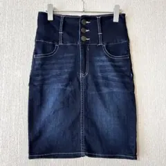 Sky Bomber/ダークブルー ひざ丈デニムタイトスカート ストレッチ