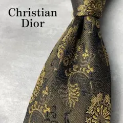 美品 Christian Dior ジャガード 花柄 フラワー ネクタイ 茶金