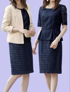 【美品】ノーカラージャケット⭐︎ネイビーレース柄ツーピース⭐︎11号⭐︎Lサイズ相当