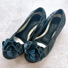 美品✨元町キタムラ Kitamura 撥水加工 花 パンプス ネイビー 22.5