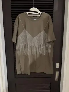 TRUBE オリーブグリーン 半袖Tシャツ ストーン装飾