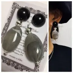 981 2way☺︎ブラックカボションのピアス×グレーシルバー☺︎