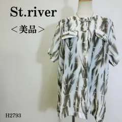 【美品】セントリバー 半袖ブラウス アート風総柄 L相当 カーキ×ホワイト