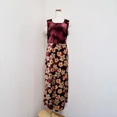 D.BLOOM　花柄　ロングワンピース　切り替え　ノースリーブ　ベロア調【M】