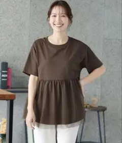 Honeys きれいめ異素材切替Ｔシャツ　ブラウン　L