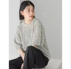 カラーネップ透かし編みニットプルオーバー　L 半袖