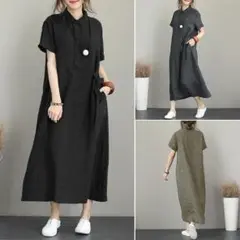 新品 レディース 半袖 シンプル 黒 シャツワンピ ワンピース ロング 無地
