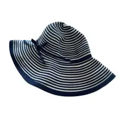 【美品】つば広ハット リボン付き ネイビー ホワイト ストライプ ストローハット