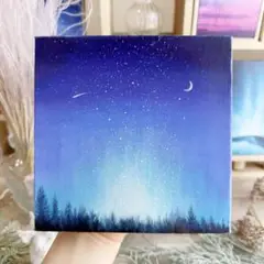 「My Moon & Shooting Star」絵画　アート　月　星　夜空