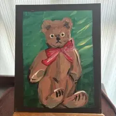 クマのぬいぐるみの絵画　原画　一点物　キャンバスパネル　テディベア