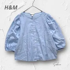 Y4269＊H&M リネンブレンド 七分袖ブラウス 水色 M 麻混 ナチュラル