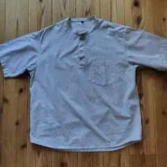 無印良品 涼感ヘンリーネック半袖布帛Tシャツ M グレーストライプ プルオーバー