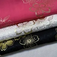 着物はぎれ 正絹 金彩桜 黒 白 ピンク3色セット