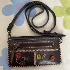 花刺繍付きダークブラウンウォレット　同柄ショルダー付き