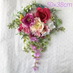 ♥︎秋バラのスワッグ風リース♥︎玄関リース　フラワーリース　造花　ナチュラル玄関掛け