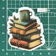 防水ステッカー　アンティーク本とティーカップ　カフェ読書デザイン