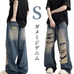 ダメージデニムSブルーメンズレディースジーンズストレートオールシーズン新品