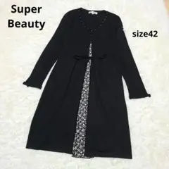 Super Beauty*レイヤード風ニットワンピース*花柄*リボン*黒*42