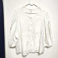 H&M リネンブレンド ホワイト五分袖シャツ US XL