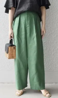 SHIPSシップス フレンチリネンタックパンツ麻グリーン緑ワイドパンツLサイズ