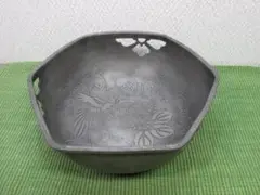 継山造 鳳凰 アンティーク 錫菓子器 六角鉢 金属工芸品
