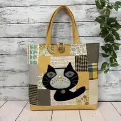ハンドメイドトートバッグ　No.890 一点物　パッチワーク風　ネコバッグ