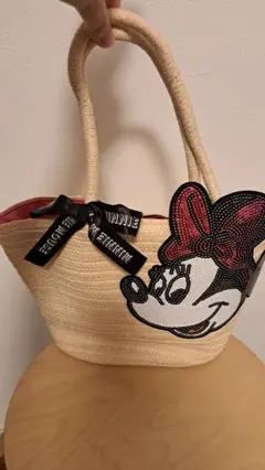 美品☆ディズニー☆ディズニーストア☆ミニーマウス刺繍かごバッグ☆